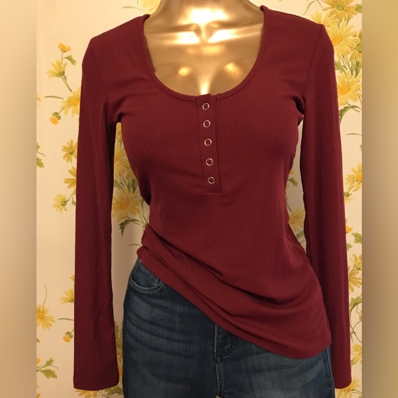 Long sleeve Rib Henley top marron size S - Picture 1 of 9